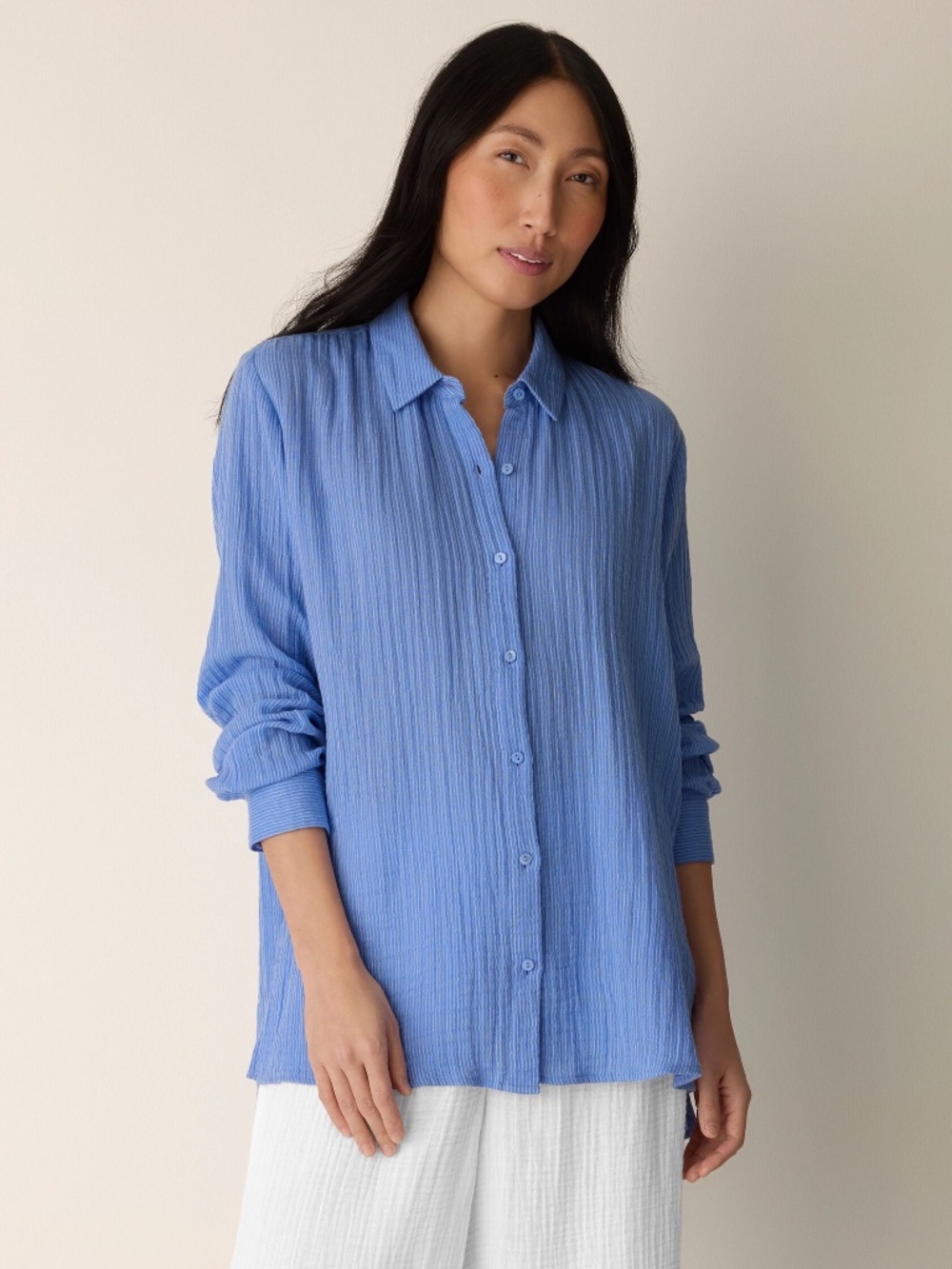 NWOT $128 Eileen Fisher Striped Organic Cotton Gauze Classic Collar Shirt XS